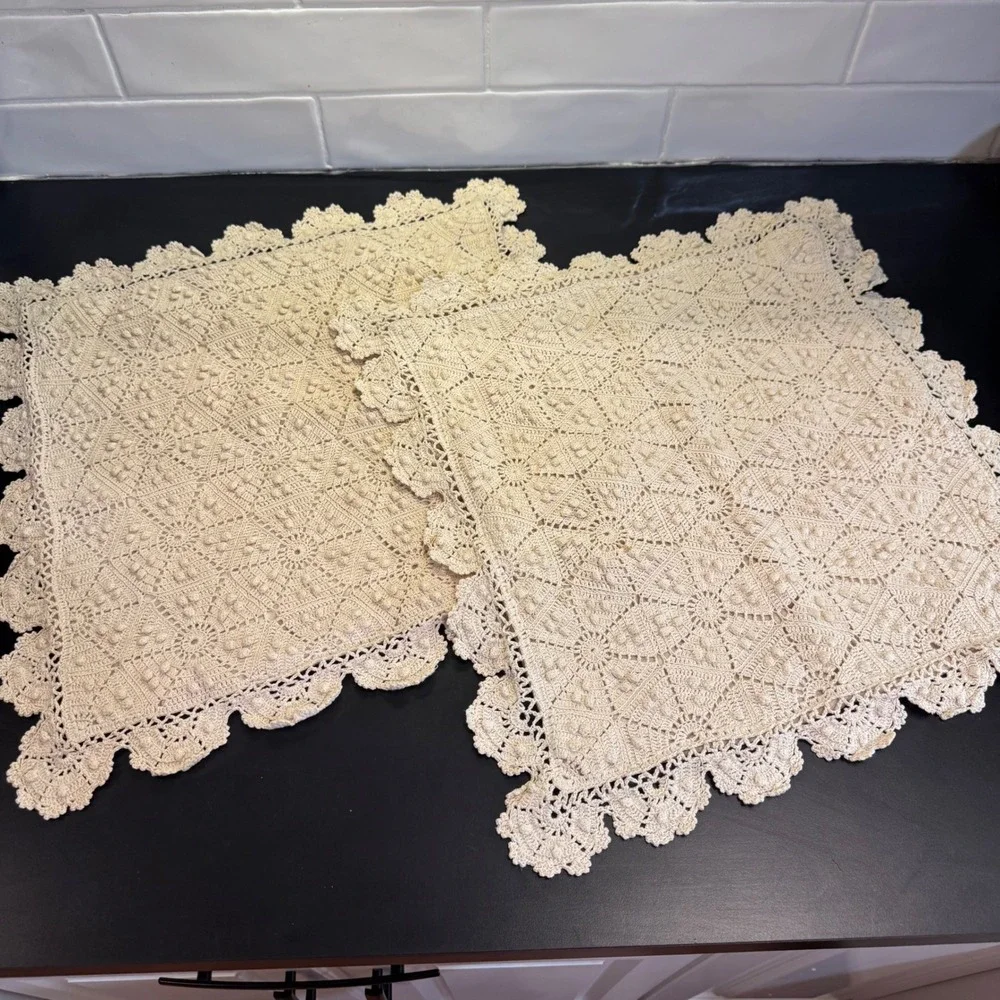 Crochet Pillow Shams Set of 2 18x18 Cream Cotton Popcorn Stitch Scalloped Edge